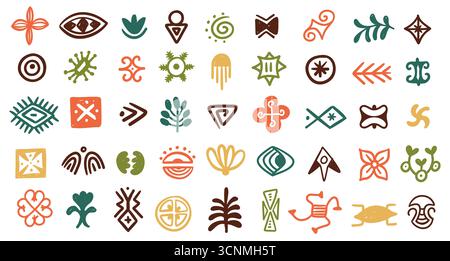 Simboli tribali africani. Forme decorative geometriche astratte etniche popolari, elementi decorativi tradizionali indigeni. Africano tribale vettoriale isolato Illustrazione Vettoriale