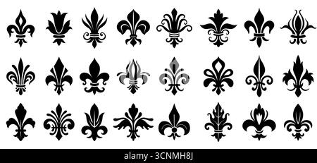 Fleurs de lis. Simboli araldici reali francesi, insegne floreali decorative medievali stilizzate per stemmi o emblemi. Silhouette vettoriale del giglio Illustrazione Vettoriale