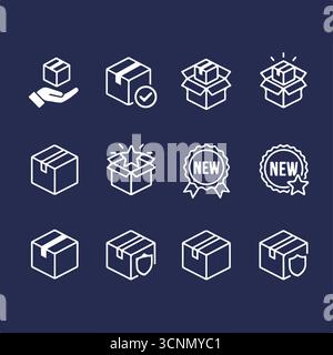 Nuovo set di icone piatte del prodotto. Contenenti imballaggi, pacchi, pacchi, pacchi, regali, scatole di cartone per la consegna, raccomandazione, più venduto, scatola di spedizione aperta o disimballaggio Illustrazione Vettoriale