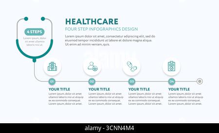 Modello infografico medico con stetoscopio - illustrazione in 4 fasi per la presentazione aziendale del settore sanitario con icone in stile piatto - ospedale, p Illustrazione Vettoriale