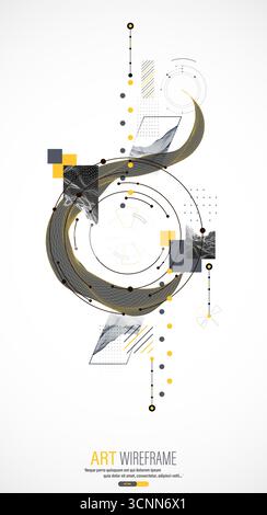 Composizione astratta minima con montagne a reticolo, esagoni geometrici, punti e linee. Illustrazione Vettoriale