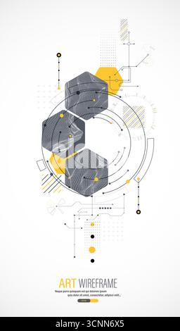 Composizione astratta minima con montagne a reticolo, esagoni geometrici, punti e linee. Illustrazione Vettoriale