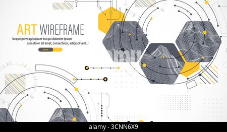 Composizione astratta minima con montagne a reticolo, esagoni geometrici, punti e linee. Illustrazione Vettoriale