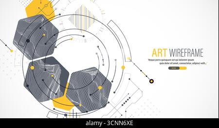 Composizione astratta minima con montagne a reticolo, esagoni geometrici, punti e linee. Illustrazione Vettoriale