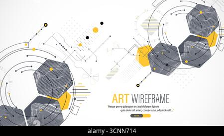 Composizione astratta minima con montagne a reticolo, esagoni geometrici, punti e linee. Illustrazione Vettoriale