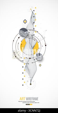 Composizione astratta minima con montagne a reticolo, esagoni geometrici, punti e linee. Illustrazione Vettoriale