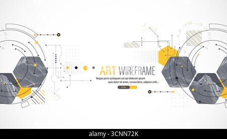 Composizione astratta minima con montagne a reticolo, esagoni geometrici, punti e linee. Illustrazione Vettoriale