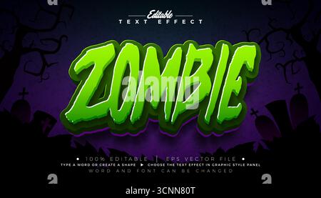 Illustrazione effetto testo zombie stile grafico modificabile con caratteri tipografici verdi spaventosi sullo sfondo spaventoso del cimitero di Halloween. Vettore scalabile Illustrazione Vettoriale