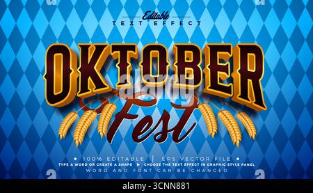 Oktoberfest 3D Editable Text Effect Design with Typography on Bavaria Flag Pattern background. Ottobre Autunno tradizionale Germania Festival Scalable Illustrazione Vettoriale