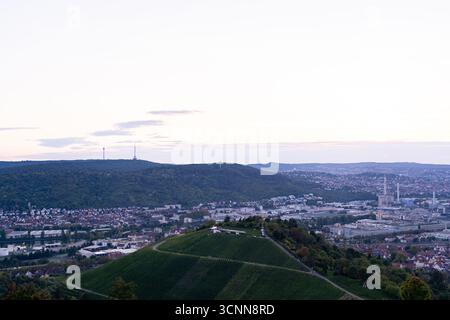 Vista crepuscolare dei vigneti di Stoccarda e di Fernsehturm sulle colline boscose Foto Stock