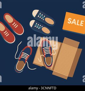 Sconto sulle sneakers. Vendere scarpe da ginnastica. Scarpe da ginnastica. Vista dall'alto delle sneakers. Sneaker alla moda. Sneakers alla moda, rosse, nere, blu. Stile piatto. Appartamento desi Illustrazione Vettoriale