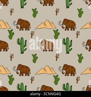 Motivo vettoriale senza cuciture con mammut lanuginosi, cactus e paesaggi desertici, un esclusivo design preistorico del deserto. Illustrazione Vettoriale