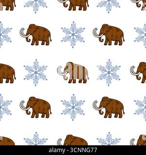 Motivo vettoriale senza cuciture con mammut lanuginosi e fiocchi di neve stilizzati, perfetto per progetti a tema invernale o ispirati alla preistoria. Illustrazione Vettoriale