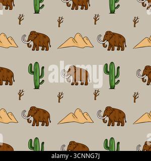 Pattern vettoriale senza cuciture con mammut lanuginosi, cactus, dune di sabbia e alberi morti, creando un'illustrazione preistorica del paesaggio desertico. Illustrazione Vettoriale