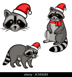 Un'affascinante illustrazione vettoriale con tre adorabili procioni nei cappelli di Babbo Natale, uno da vicino, uno seduto e uno in piedi, che mostra un gioco Illustrazione Vettoriale