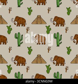 Motivo vettoriale senza cuciture con mammut lanuginosi, cactus e piramidi Maya, creando un'illustrazione unica del paesaggio preistorico del deserto. Illustrazione Vettoriale