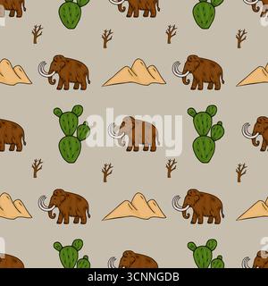 Pattern vettoriale senza cuciture con mammut lanuginosi, cactus, dune di sabbia e alberi morti, creando un'illustrazione preistorica del paesaggio desertico. Illustrazione Vettoriale
