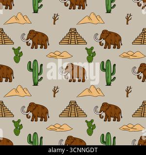 Schema vettoriale senza cuciture con mammut preistorici, cactus, dune del deserto e antiche piramidi Maya, creando una miscela unica di fauna estinta e. Illustrazione Vettoriale