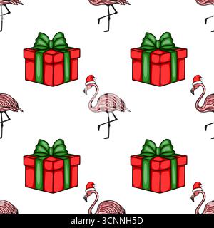 Motivo natalizio vettoriale senza cuciture con fenicotteri rosa che indossano i cappelli di Babbo Natale e scatole regalo rosse con archi verdi, per una festa tropicale Illustrazione Vettoriale