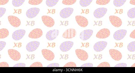 Le uova di Pasqua con decorazioni a pois e linee ondulate e lo stagno formato striscione con motivo senza cuciture di lettere XB. Illustrazione vettoriale isolata messaggio di saluto natalizio Pasqua sfondo carta stampata o design digitale Illustrazione Vettoriale
