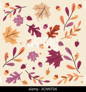 Motivo vettoriale senza cuciture autunnale per tessuto, carta da parati e carta regalo. Colori marrone, viola e beige. Ghianda e foglie. Sfondo beige. Illustrazione Vettoriale