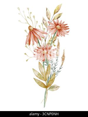 Bouquet di acquerelli con fiori di echinacea e vegetazione che formano una disposizione floreale. Illustrazione botanica con foglie per biglietti d'auguri stagionali o inviti di nozze. Arte floreale per poster. Foto Stock