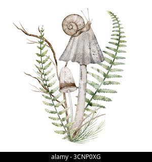 Illustrazione ad acquerello con funghi, felce e lumaca. Estrazione di funghi con piante forestali per biglietti d'auguri autunnali o inviti botanici. Arte per manifesti boschivi su sfondo isolato. Foto Stock