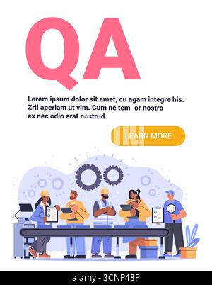 Team di controllo qualità QA addetti alle fabbriche che ispezionano i prodotti sul processo di produzione industriale dei nastri trasportatori striscione del sito Web di sfondo delle ruote dentate Illustrazione Vettoriale