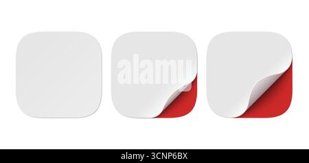 Set vettoriale di adesivi in carta bianca con angolo rosso isolato su sfondo trasparente. Adesivi quadrati realistici curvi con ombre morbide. Illustrazione Vettoriale