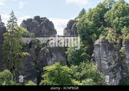 Vista distante del ponte Bastei, Elbsandsteingebirge, Germania Foto Stock