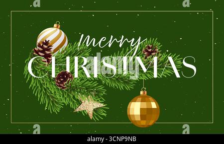 Biglietto d'auguri di Natale, ramo di abete, ornamenti dorati, testo Illustrazione Vettoriale
