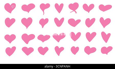 Set di scarabocchi a cuore rosa. Collezione di icone di cuori disegnati a mano. Illustrazione Vettoriale