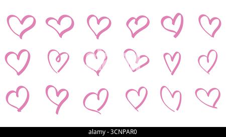 Set di scarabocchi a cuore rosa. Collezione di icone di cuori disegnati a mano. Illustrazione Vettoriale