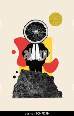 Modello di schizzo di tendenza poster collage fotografico di bellezza moderna allucinazioni di tendenza testa di agrumi corpo uomo in posa formalwear pietra di roccia Foto Stock