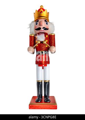 Tamburo dello schiaccianoci maggiore in uniforme, tradizionale statuetta in legno del periodo natalizio isolata sul bianco con percorso di ritaglio incluso Foto Stock