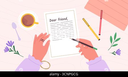 Mani umane che scrivono una lettera ad un amico. La donna si rivolge alla sua amica, lettera di sostegno, auguri, auguri di Natale per il compleanno. Auguri Vector concep Illustrazione Vettoriale