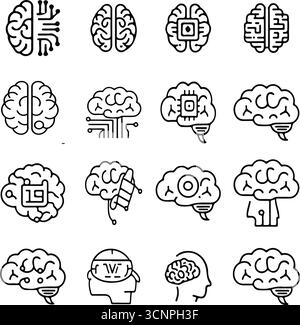 Icona cervello IA impostata in illustrazioni disegnate a mano Illustrazione Vettoriale