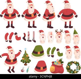 Creazione del personaggio di Babbo Natale. Claus kit personalizzato personaggi costruttore, animazione corpo mascotte natalizio vista laterale posteriore noel viso mani braccio barba cappello di Natale c Illustrazione Vettoriale