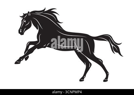 Silhouette di cartoni animati di cavalli. mustang vettoriale al galoppo o andatura stallone. Natura selvaggia o mammiferi con criniera e zoccolo. Simbolo del movimento equestre e della velocità elevata. Mare andatura. Azione atletica da corsa. Illustrazione Vettoriale