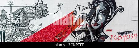 Sud Africa - città del Capo - panorama murale di Woodstock - ritratto mascherato, trave rossa e linework vorticosi su un lungo muro. Foto Stock