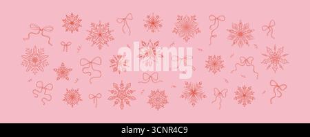 Set di fiocchi di neve rosa disegnati a mano e fiocchi di ciottoli. Stravaganti elementi di design invernali. Buon Natale e felice anno nuovo Illustrazione Vettoriale