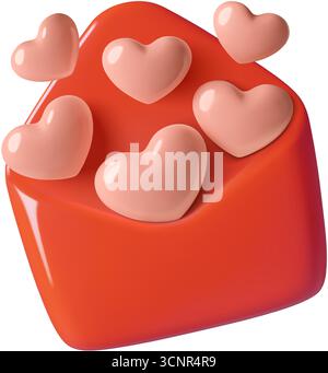 Busta rossa con emoji 3d rosa cuori e icona di San Valentino con la lettera d'amore Illustrazione Vettoriale