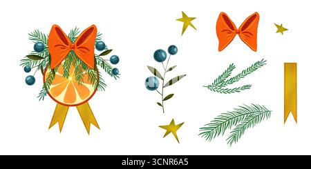 Mirtilli e fetta di arancia, stelle, rami di abete rosso, fiocco rosso. Illustrazione del set disegnato a mano. Per regali di Natale e Capodanno, decorazioni per le vacanze, sti Foto Stock