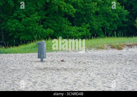 Sulla sabbia si trova un cestino di metallo accanto a rifiuti sparsi e macchie di dune. Messaggio forte per campagne di pulizia, educazione ambientale e c Foto Stock