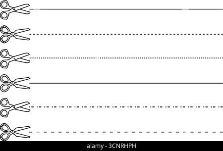 Set di taglierine a forbice, cesoie a corsa nera con fascio di linee di taglio. Consente di tagliare le linee tra le pagine di carta e di raccogliere immagini monocromatiche vettoriali in vari stili Illustrazione Vettoriale