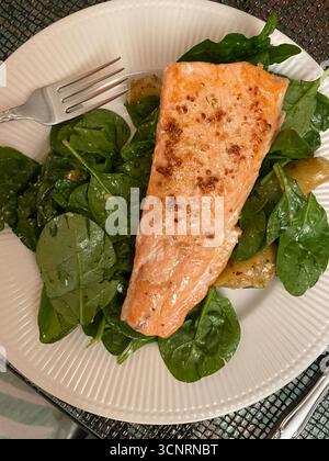 Primo piano di un piatto gourmet di salmone scottato con aneto, rucola e patate novelle Foto Stock