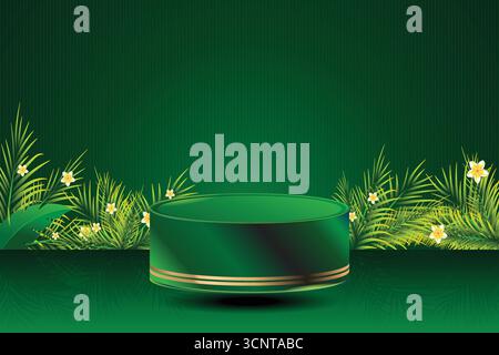 Podio prodotto verde con striscia dorata e foglie con sfondo verde Illustrazione Vettoriale
