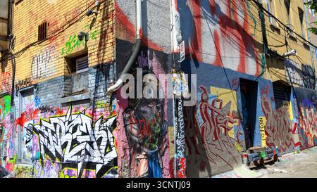 TORONTO, CANADA - 22 GIUGNO. 2019: Opere d'arte Grafifti sulle pareti del vecchio edificio in Graffiti alley Toronto, Canada. ultimamente è diventata una popolare attrazione turistica Foto Stock
