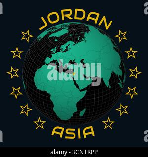 Regno hascemita di Giordania su Globe. Arrotondare il testo del nome del paese e del continente. Vista paese sulla mappa del mondo con tavolozza dei colori Black Emerald. Illustrazione Vettoriale