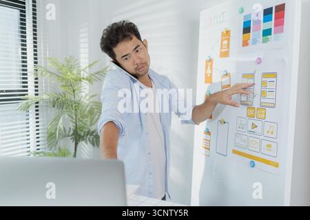 Un designer creativo lavora sulla pianificazione UX/UI, analizzando schizzi e prototipi su una lavagna mentre si utilizza un laptop. Il processo mostra il pensiero progettuale Foto Stock
